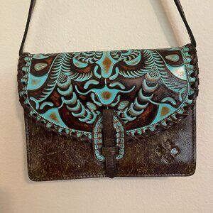 Patricia Nash “Lanza” Tooled Turquoise & Brown Leather Crossbody P141133 NWOT